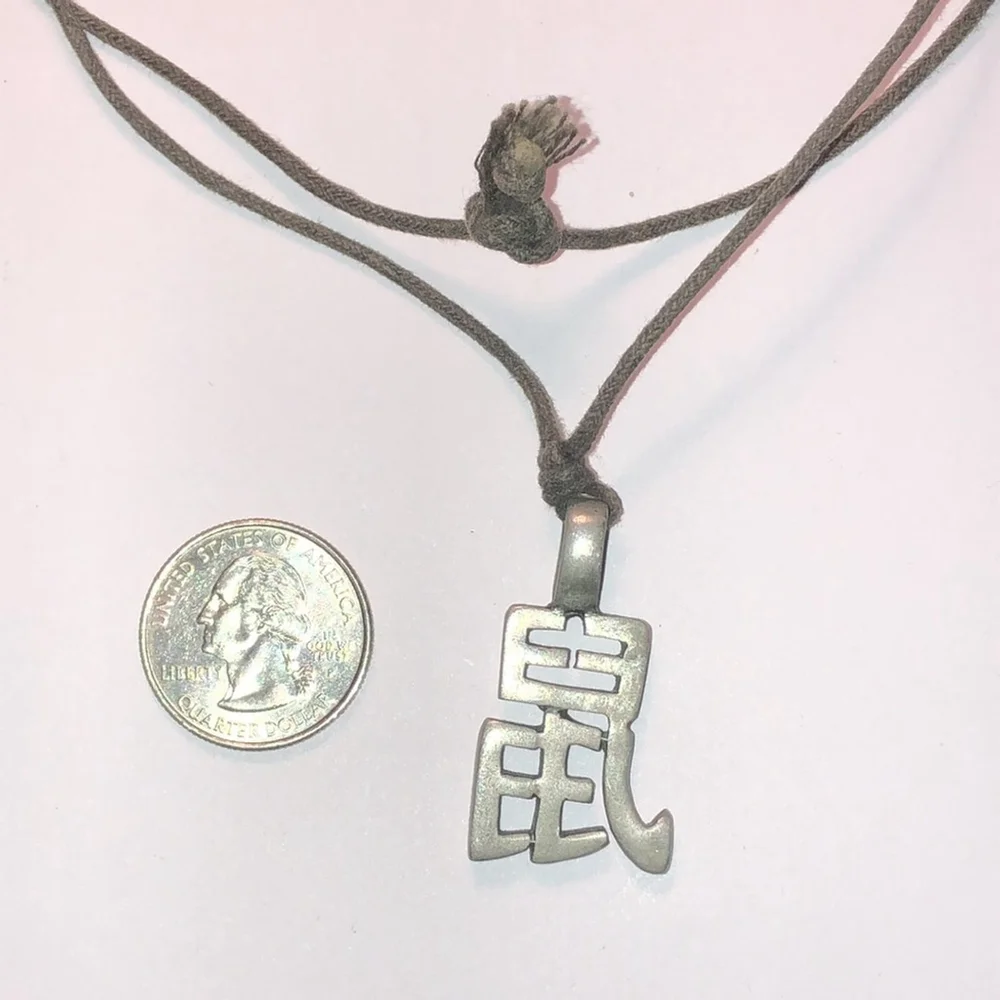 Chinese Zodiac Year of the Rat Pewter Pendant Fabric Cord Chain